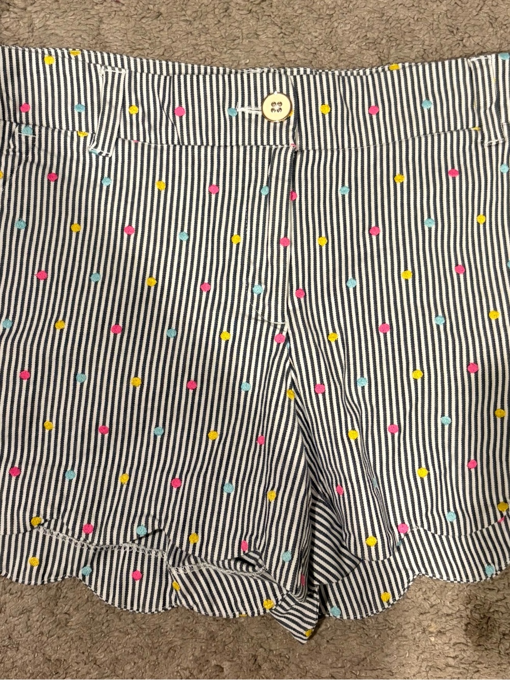 crown & ivy Navy Stripe Scalloped Shorts with Multicolor Dots